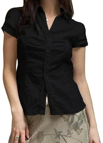 Women Y2K Button Down Fitted Shirt Short Sleeve Lapel Collar Blouse Shirt V Neck Coquette Going Out Top