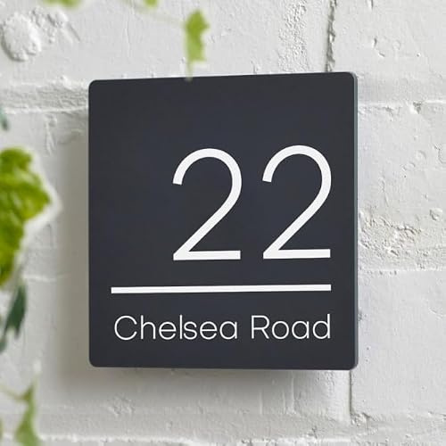 House Signs Direct Perspex Acrylic Door Sign, 20 x 20cm | Perspex plaque with bespoke address number and outdoor wall fixings, ideal for contemporary front doors.