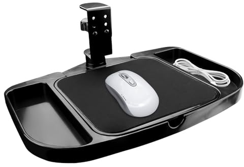 Clamp-on Mouse Tray Under Desk, Height Adjustable Under Desk 360° Rotating Tray Rest Extension Attachment, Clamp-on Mouse Pad Holder Platform with Storage Compartments (Black)