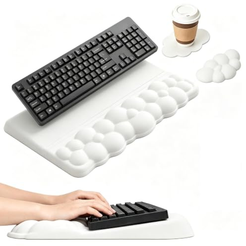 zxevg Cloud Wrist Rest Set Keyboard Mouse Pad White | Lycra memory foam wrist rest with mouse pad & coaster. Non-slip PU base. Ergonomic support for office & gaming