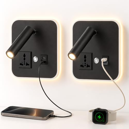 Lot de 2 appliques murales LED, lampe de lecture murale avec chargeur USB A+C, liseuse de chevet orientable à intensité variable, applique avec chargeur USB, 350° rotatif, pour chambre salon, noir