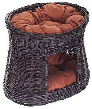 e-wicker24 Wicker Indoor Cat Bed Igloo Cave - Double Pet Cave Indoor Cat House with Cosy Bed Grey 50x40x45cm (Brown)