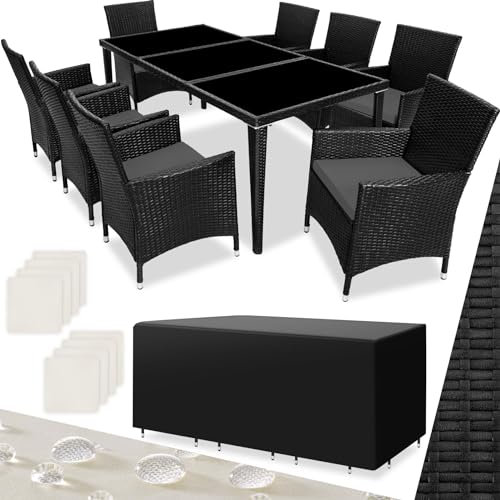 TecTake® Salon de Jardin Exterieur en Aluminium Table de Jardin, 8 Fauteuil en rotin, 1 Table de Jardin, 2 Sets de Housses lavables, Housse de Protection, Facile d'entretien, Mobilier de Jardin