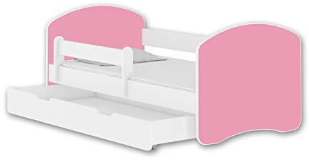 ACMA Jugendbett Kinderbett mit Einer Schublade mit Rausfallschutz und Matratze Weiß II 140 160 180 (140x70 cm + Schublade, Weiß - Rosa)