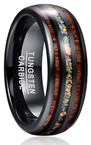 NUNCAD Wolfram Ring Herren Damen Unisex 8mm Schwarz mit Opal & Koa Holz für Hochzeit Verlobung Geschenk Lifestyle Men Fashion Größe 52.0 (16.6)