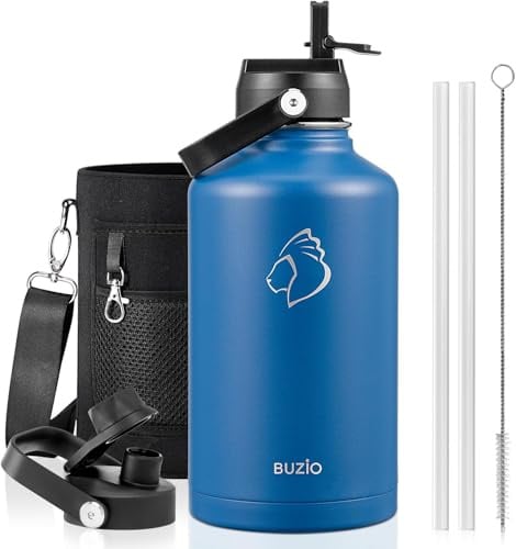 Botella de agua de acero inoxidable al vacío BUZIO de 2 L, mantiene frío 48h y caliente 24h, doble pared, boca ancha, botella deportiva con tapón de pajita sin BPA y tapón flexible, Cobalto