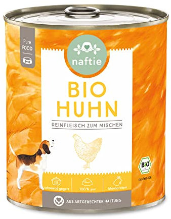 naftie Bio Hundefutter 100% Bio-Huhn - Reinfleisch Huhn pur - Nassfutter für Hunde zum Mischen, Barf-Fleisch - glutenfrei, getreidefrei - 800g Dosen