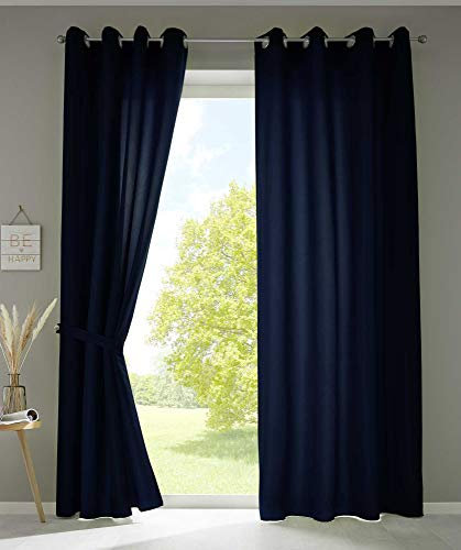 Gardinenbox 2er Set Vorhänge Schal Ösen »Berlin« HxB 225x140 cm Dunkelblau Blickdicht Microsatin Lichtdurchlässig Uni Matt, 20405N2