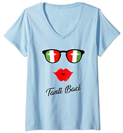 Damen Italien Flagge Sonnenbrille Italienische Flagge Italien Kuss T-Shirt mit V-Ausschnitt