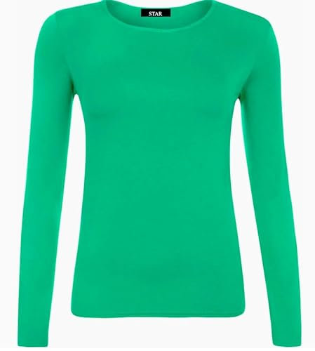 Womens Long Sleeve Round Neck Plain Basic Ladies Stretch T-Shirt Top 8-26 (Jade Green, 8-10)