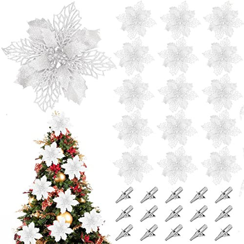 15 Stück Weihnachten Glitzer Weihnachtsstern Blumen mit Clips, Weihnachten Blumen Glitzer Künstliche, Stiele Glitter Weihnachtsbaum Ornamente Weihnachtens Hochzeit Party Kranz Girlanden DIY (Weiß)