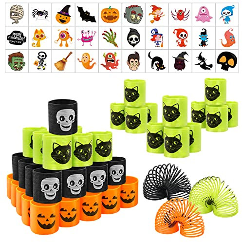 Fennoral 40 Stück Mini Halloween Spiralen Magic Springs - Spinnen Skelett Kürbis- Haloweenparty Mitgebsel Kinderparty Gastgeschenke Lernspielzeug(orange schwarz grün)