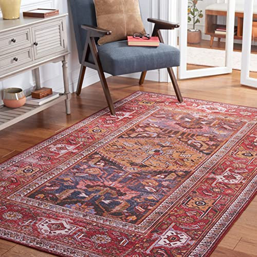 Safavieh Traditionell Teppich für Maschinenwaschbar und rutschfest - Ideal für stark frequentierte Bereiche - Tucson Collection, Kurzer Flor, Rot und Marine Blau, 91 x 153 cm