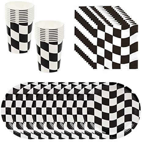 BlinBlin Rennwagen Party Zubehör, Schwarz und Weiß kariert Teller, Rennauto Teller Becher und Servietten Papier Dessert Kuchen Teller Geschirr Kit, Serviert 20 Gäste