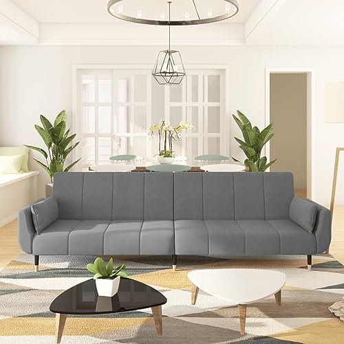Hommdiy Schlafsofa 2-Sitzer mit 2 Kissen Hellgrau Samt Sofa Couch mit Schlaffunktion, Sofabett Gästebett mit 2 Kissen, Schlafcouch Bettsofa Wohnzimmer, Modern