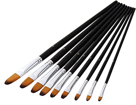 9pcs Professional Artist Paint Brushes Set Schwarz Langer Holzgriff Nylon Haarfarbe für Acrylöl Aquarell Gouache Zeichnung Kunstzubehör, Filbert Tip
