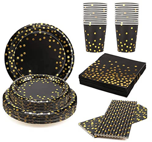 EVYIENEN 125 PCS Platos de Cartón Negro Oro,Juego de Platos Desechables para Fiestas,25 Invitados Vajilla Desechable Vasos Servilletas Pajitas para Varias Fiestas y Cumpleaños (Negro Oro)