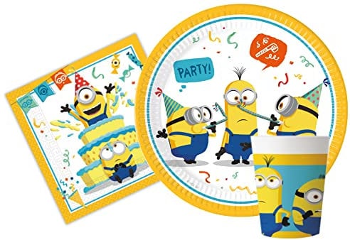 Ciao Kit Vajilla de Fiesta Minions The Rise of Gru para 8 personas (36 pcs: 8 platos Ø23cm, 8 vasos 200ml, 20 servilletas 33x33cm)