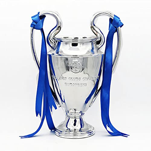 JUSTFX Trophy Champion Artwork Sport Cup Replica Harze Fußballfans Souvenir Sammler Bürodekorationen Trophäe Silber/Blauband,44cm