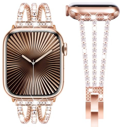 Fullife Metall Armband Kompatibel mit Apple Watch 46mm 45mm 44mm 42mm (Serie 3 2 1) Damen,Bling Glitzer Edelstahlarmband Kompatibel mit iWatch Series 10/9/8/7/6/SE/5/4/3/2/1,Roségold