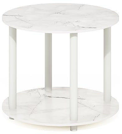 Furinno Turn-N-Tube Table Basse Ronde en Bois à 2 Niveaux, d'ingénierie, Marbre Blanc, 1-Pack
