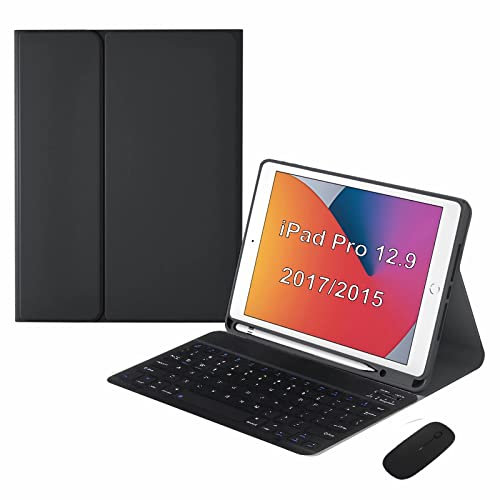 GUPENAA Custodia con Tastiera per iPad PRO 12,9 Pollici 2017/2015 (Vecchio Modello, 2A E 1A Generazione), Tastiera Magnetica Rimovibile Wireless con Portamatite E Mouse Bluetooth,Nero