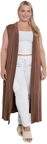 eyes Womens Ladies Sleeveless Maxi Long Length Boyfriend Women Cardigan Collared Top Floaty Duster Jacket Coat Blazer Stretchy Plus Size Cardigans Waistcoat Brown UK 20-22