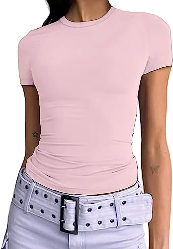 Damen Basic T-Shirts Kurzarm Crop Top Casual Y2K Rundhalsausschnitt Tops Slim Fit Tshirts(Light Pink-1, S)