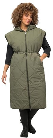 Ulla Popken Damen große Größen Übergrößen Plus Size Long-Steppweste, Kapuze, 2-Wege-Zipper, ärmellos schilfgrün 50+ 821536196-50+