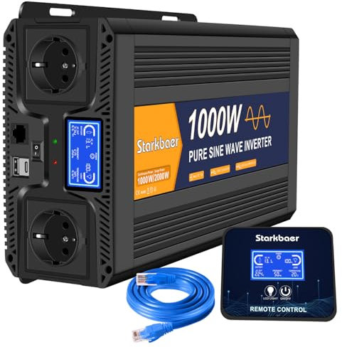 Starkbaer 1000w convertisseur sinusoïdal 12V 220V 230V onduleur transformateur 2000W Puissance crête, 2 Prises EU AC, 2.4A USB, 5M télécommande et écran LCD pour Voitures, Bateaux, camions