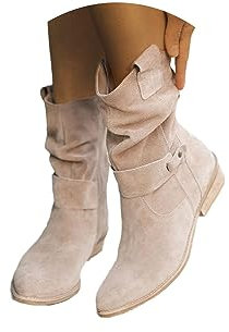 tinbarry Stivaletti da Donna Stivaletti in Pelle Scamosciata con Zip Pieghe Stivali Invernali Stivaletti Bassi Stivaletti Retrò Eleganti con Zip Stivaletti Tinta Unita Scarpe