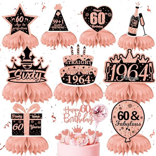 60. Geburtstag Deko Frauen - 18 Stück Roségold Tischdeko mit Tortendeko, Rosegold Bienenwabe Mittelstück Tischdekoration Happy 60th Birthday Kuchendeko Cake Topper für Frau 60. Geburtstag Party