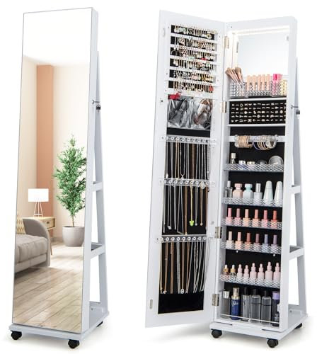 GOPLUS Armoire à Bijoux avec Miroir, Organisateur de Bijoux avec Lumières LED 3 Couleurs, Serrure, Miroir de Courtoisie Intégré, Anti-Basculement, 4 en 1 Armoire à Bijoux sur Pied avec Roues (Blanc)