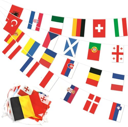 Fussball Em 2024 Deko Fahnenkette,26,2Ft Fussball Europameisterschaft 2024 Stoff Wimpelkette Outdoor Indoor Euro 2024 Girlande Mit 24 Euro Teilnehmermannschaften Fahnen Für Gartenbar Party Dekoration