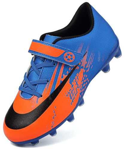Dhinash Zapatos de Fútbol Niño Botas de Fútbol Tacos Zapatillas de Fútbol Cesped Artificial Aire Libre Zapatillas Deportivas Adolescentes Zapatos de Entrenamiento Naranja Azul Talla 38