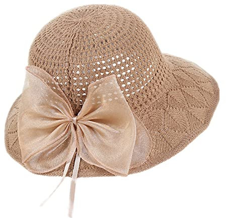 SamHeng Large Bord Chapeau de Soleil pour Femme, Élégant Respirant Bowknot Chapeau de Paille, Pliable Été Casquette de Plage Chapeau Anti-UV pour Voyager Marche Randonnée Vacances (Marron)