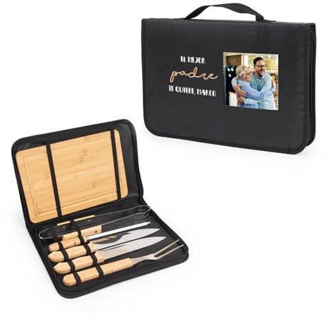 Wanapix | Kit Barbacoa Personalizado | Regalo Día del Padre | Incluye 6 Accesorios (2 Cuchillos, Tabla, Pinzas, Afilador y Trinchador)| Mejor Padre