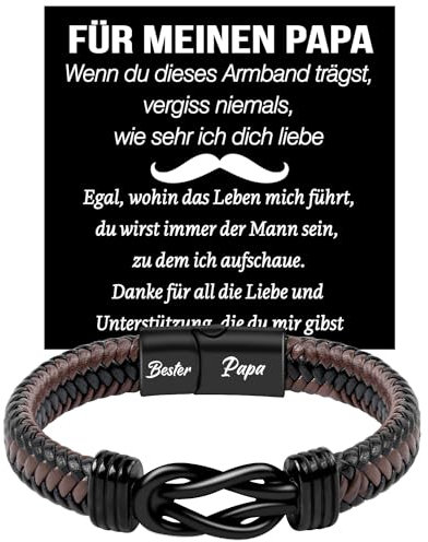 Bzzerumy Personalisierter Lederarmband für Männer, Edelstahl-Vatertagsgeschenk, Bester Papa Gravur, Premium Armband Schmuck für Papas