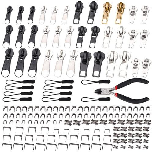 LEAZZLE 165 Pezzi Kit Cursore Cerniera Ricambio, Kit Cursori per Cerniere Lampo con Pinze, Kit Zip Cerniera Lampo per Vestiti, Giacca, Jeans, Borse, Bagagli, Sacco a Pelo (4 Dimensioni: #3/4/5/8)