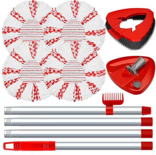 Deep Cleaning Spin Mop Heads Replacement Compatible with Vileda Turbo System, Upgraded Scrub Brush and 1 Mop Base,1 Handle Combo Set, 4 Pack Red Microfiber Replace Head Refills
