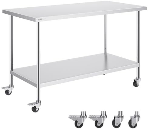 VEVOR Tavolo da Lavoro in Acciaio Inossidabile 762 x 1524 x 954 mm, con 4 Ruote, 3 Livelli di Altezza Regolabili, Tavolo Resistente per Preparazione Alimenti Ristoranti Cucina Commerciale, Argento