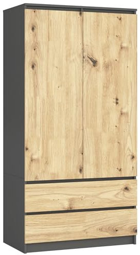 AKORD Zweitüriger Kleiderschrank S 90 cm 2 Schubladen mit Regalen und Einer Kleiderstange für EIN Schlafzimmer Kleiderschränke Minimalistischer Stil 16 mm | Graphitgrau & Eiche Artisan Front