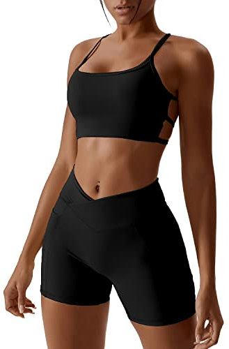 OBEEII Damen Sportanz�ge Jogginganzug Sport Sets 2 Teilig Workout Outfit Set Sports BH und Leggings Fitness Kleidung Set Gym Laufen Tennis Yoga Set Schwarz M
