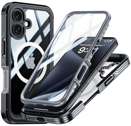 Newhalper Magnetische Schutzhülle für iPhone 16 Plus Hülle 6,7 Zoll Militärqualität Rugged 360 Rundumschutz Eingebauter Displayschutz Heavy Duty Kompatibel mit MagSafe Handyhülle (Schwarz)