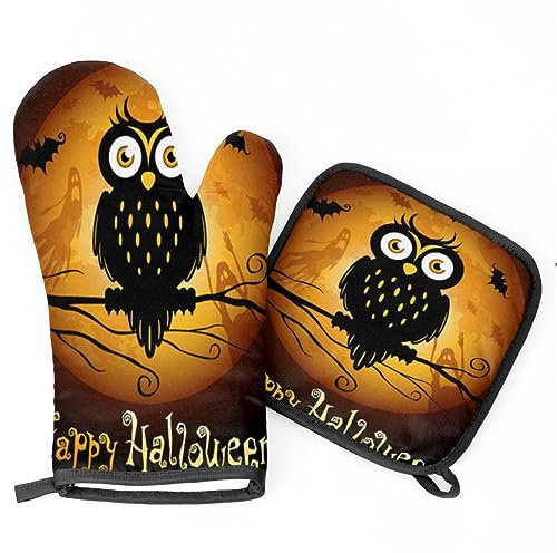 Ofenhandschuhe Halloween Mond Eule Fledermaus Topfhandschuhe Waschbare Kochhandschuhe Anti-Rutsch Topflappen Set Für Backen Barbecue Kochen