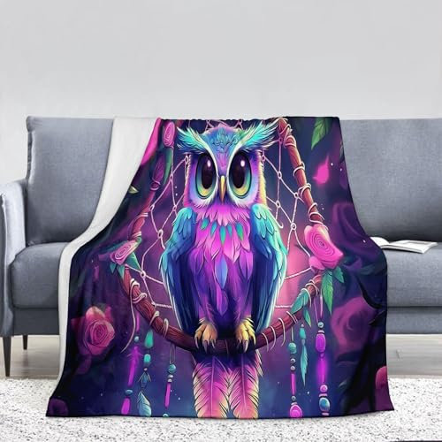 Kuscheldecke flauschig 230 x 270 cm, Traumfänger Aus Federn Plüsch Decke Für Kinder Erwachsene, Bunte Eule Anti-Pilling Decke Für Bett Sofa Büro Kinderbet Coral Fleece-Decke, Sofadecke warm weich