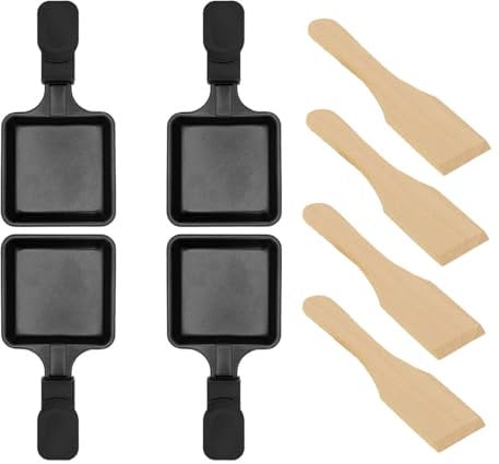 Pfännchen Mini 4 Stücke Antihaftbeschichtet Grill Pfännchen Viereckig Mini Raclette Grill mit 4 Holzschaufel für Universal Elektrogrill Käse Eier（Quadrat）