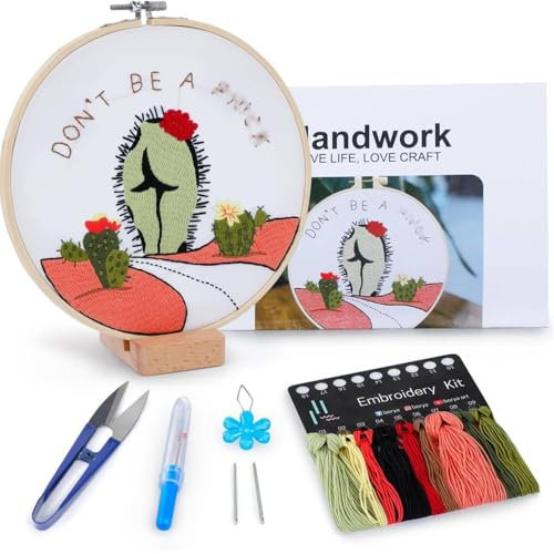 GNEGNI LIFE Embroidery kit for Beginners, Funny Cactus Original Embroidery Patterns, Included Embroidery Tools with Instruction and Video Tutorial (Fun)