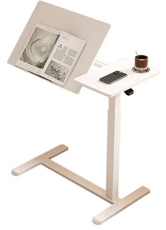 Beistelltisch, verstellbar pneumatisch Nachttisch über dem Bett mit Rädern, geteilte Platte kippbarer Bett-Beistelltisch mit Getränkehalter, rollbarer Laptop-Computer-Stehpultwagen Höhe 69–106cm Weiß(