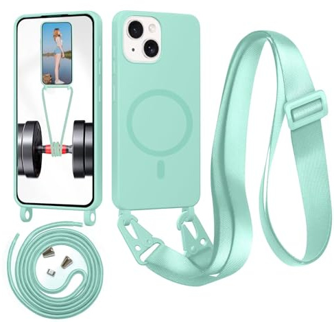 Beajew Funda con Cuerda para iPhone 13 Mini, Carcasa Magnética Silicona Líquida Case Antichoque con Colgante Ajustable Collar Correa de Cuello Cadena Cordón Case, Verde Menta